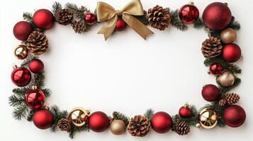 Overhead view of a picture frame decorated with Christmas ornaments like baubles pine cones and a golden ribbon bow in a rich red and gold theme isolated on a white background photo