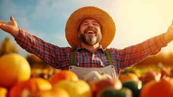 A happy farmer standing with arms outstretched welcoming customers to an autumn market stall colorful pumpkins gourds and apples all around golden autumn sunlight photo