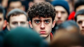 A person looking overwhelmed pressed by a tight crowd face in sharp focus while the crowd around them is blurred intense atmosphere photo