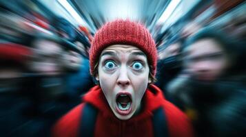 A person being jostled in a crowded space expression of panic with motion blur on the crowd to emphasize the chaos and fear photo