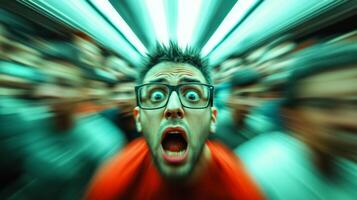 A person being jostled in a crowded space expression of panic with motion blur on the crowd to emphasize the chaos and fear photo