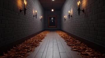 A rustic hallway with a large vampire portrait dripping candle sconces and a floor covered in faux fallen leaves with hidden eyes peeking out photo