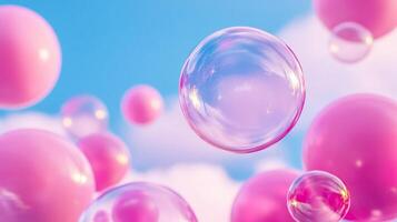 Creative shot of bubble gum bubbles floating in the air against a soft pastel sky with a dreamy surreal atmosphere photo