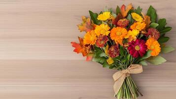 Overhead view of an autumn bouquet with a mix of marigolds asters and goldenrods tied with a burlap ribbon placed on a wooden table with scattered fall leaves around photo