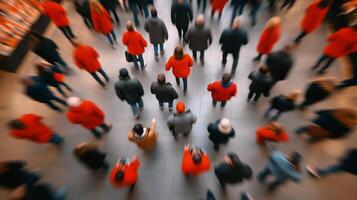Overhead view of shoppers grabbing items from a central display in a crowded store during a Black Friday sale creating a whirl of activity and movement photo