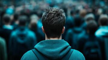 Rear view of a person trying to escape a dense crowd their body language tense and fearful crowd blurred for a sense of urgency photo