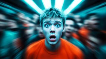 Side profile of a person looking terrified caught in a chaotic crowd with the surrounding people blurred and out of focus photo