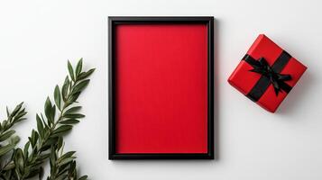 Top down shot of a rectangular Black Friday picture frame with price tag and discount symbols in vibrant red and black isolated on a white background photo