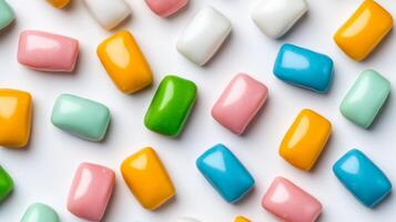 Top down view of multicolored bubble gum pieces scattered across a clean white background with a focus on the bright contrasting colors photo