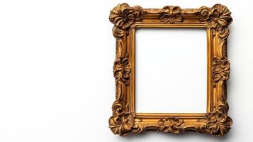 Close up of an antique ornate picture frame with intricate gold detailing and floral patterns isolated on a white background with soft shadows empty space in the center photo