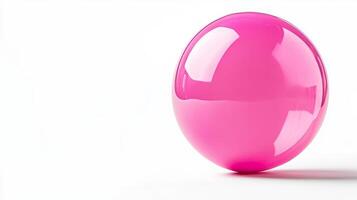 Close up of a vibrant pink bubble gum bubble being blown with glossy texture and soft reflections isolated on a white background with empty space for text photo