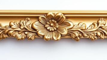 Close up of an antique ornate picture frame with intricate gold detailing and floral patterns isolated on a white background with soft shadows empty space in the center photo