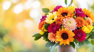 Close up of a vibrant autumn bouquet with sunflowers dahlias and chrysanthemums in rich shades of orange red and yellow arranged in a rustic vase against a soft blurred background of fall foliage photo