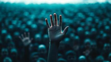 Closeup of a persons hand reaching out desperately through a thick crowd the crowd blurred to highlight the sense of urgency photo