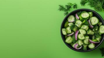 Isolated cucumber salad with diced cucumber red onion and dill on a gradient green background with ample negative space around for text photo