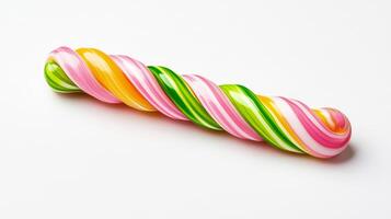 Isolated image of an unwrapped twisted bubble gum stick in bright neon colors lying on a smooth white background with a shadow effect photo