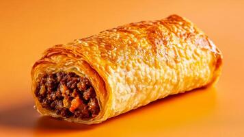 Isolated image of a single cheeseburger egg roll with a glossy golden brown crust centered on a gradient background transitioning from light to dark photo
