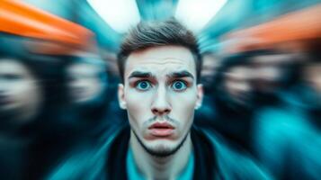 A person looking overwhelmed pressed by a tight crowd face in sharp focus while the crowd around them is blurred intense atmosphere photo