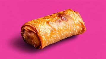 Isolated image of a single cheeseburger egg roll with a glossy golden brown crust centered on a gradient background transitioning from light to dark photo