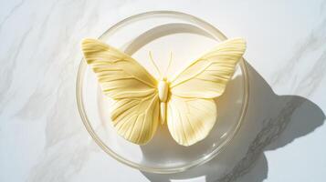 Overhead shot of a butter sculpture of a detailed butterfly with spread wings sitting atop a smooth glass plate soft sunlight casting long shadows pale yellow color photo