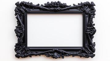 Overhead shot of a gothic picture frame with creepy designs like gargoyles and twisted branches finished in a matte black isolated on a white background photo