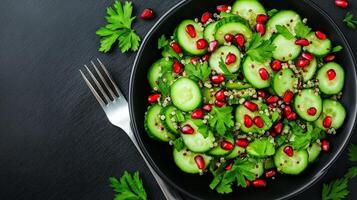 Overhead shot of a vibrant cucumber salad with quinoa pomegranate seeds and parsley served on a black slate plate with a fork beside it photo