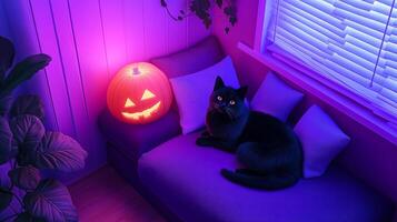 Overhead shot of a cozy reading nook with Halloween themed cushions a black cat curled up and a spooky lamp casting shadows photo