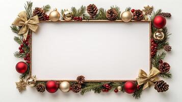 Overhead view of a picture frame decorated with Christmas ornaments like baubles pine cones and a golden ribbon bow in a rich red and gold theme isolated on a white background photo