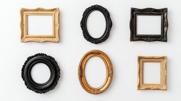Overhead view of a collection of vintage ornate picture frames in various shapes including oval round and rectangular arranged on a white background empty and ready for use photo