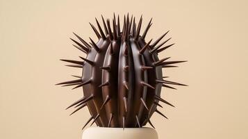 Overhead view of a chocolate cactus sculpture with sharp defined spikes rich brown color and a smooth texture set against a soft beige gradient background photo