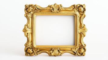 Close up of an antique ornate picture frame with intricate gold detailing and floral patterns isolated on a white background with soft shadows empty space in the center photo