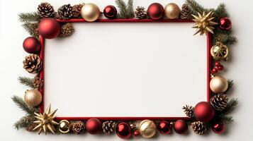 Overhead view of a picture frame decorated with Christmas ornaments like baubles pine cones and a golden ribbon bow in a rich red and gold theme isolated on a white background photo