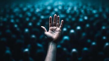 Closeup of a persons hand reaching out desperately through a thick crowd the crowd blurred to highlight the sense of urgency photo