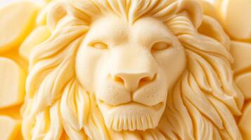 Close up of intricate butter sculpture shaped like a majestic lion with detailed fur texture isolated on a white background slightly melted edges soft yellow hue photo