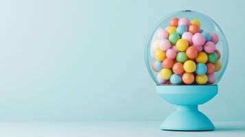 Conceptual image of a bubble gum machine dispensing bright colorful gum balls isolated on a solid white background with sharp clean lines photo
