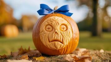 Closeup of a winning pumpkin with a blue ribbon attached featuring an artistic intricate carving set against a backdrop of hay bales and autumn leaves photo