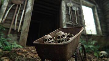 Creepy garden shed with rusty tools hanging cobweb covered corners old wheelbarrow filled with bones dark and foreboding atmosphere photo