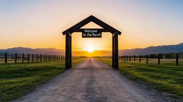 Ranch gate entrance with wooden arches and a swinging sign reading Welcome to the Ranch against a sunrise background photo