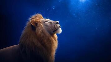 Side view of a lion with a glowing mane standing before a towering light portal with cosmic symbols and starry constellations swirling in the sky representing the Lions Gate portal photo