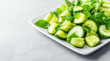 Side view of a minimalist cucumber salad with diced cucumbers avocado and lime wedges on a white rectangular plate empty space for text photo