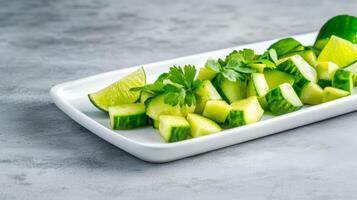 Side view of a minimalist cucumber salad with diced cucumbers avocado and lime wedges on a white rectangular plate empty space for text photo