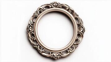 Side view of a vintage oval picture frame with a delicate lace like pattern and a slightly tarnished silver finish isolated on a white background with soft diffused shadows photo