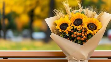 Side view of a rustic autumn bouquet with sunflowers dried wheat stalks and berries wrapped in kraft paper placed on a wooden bench with a blurred background of fall trees photo