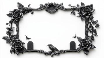 Top view of a Halloween themed frame adorned with eerie details such as tombstones black roses and a crow perched on a branch in an aged silver finish isolated on a white background photo