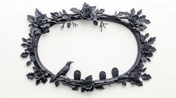 Top view of a Halloween themed frame adorned with eerie details such as tombstones black roses and a crow perched on a branch in an aged silver finish isolated on a white background photo