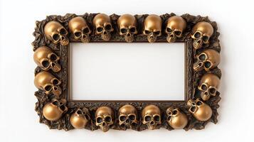 Top down view of a spooky Halloween picture frame with detailed skulls cobwebs and ghostly faces in a dark bronze finish isolated on a white background photo