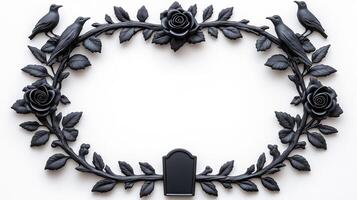 Top view of a Halloween themed frame adorned with eerie details such as tombstones black roses and a crow perched on a branch in an aged silver finish isolated on a white background photo