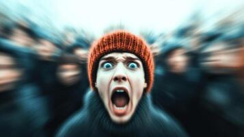 amplio ángulo Disparo de un persona gritando en pánico en medio de un grande multitud con el multitudes caras borroso creando un sentido de aislamiento foto