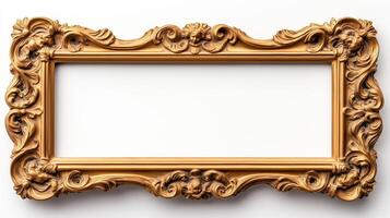 Wide angle shot of a grand baroque style picture frame with lavish gold ornamentation including cherubs and scrolls isolated on a white background with a subtle drop shadow photo