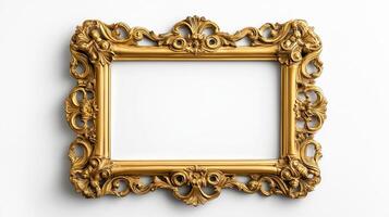 Wide angle shot of a grand baroque style picture frame with lavish gold ornamentation including cherubs and scrolls isolated on a white background with a subtle drop shadow photo